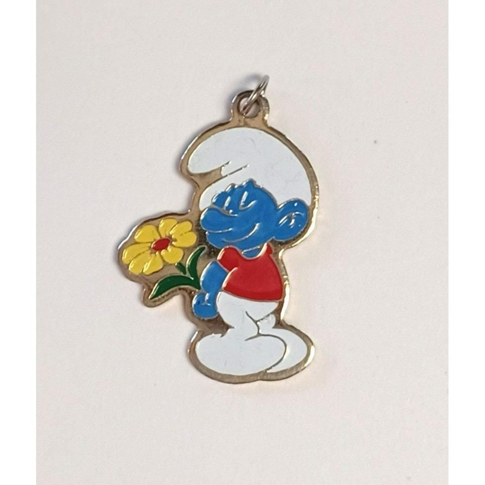 Vintage 1980 Bashful Smurf Flower Pendant Enamel Gold Tone Charm Peyo Taiwan - Picture 2 of 5